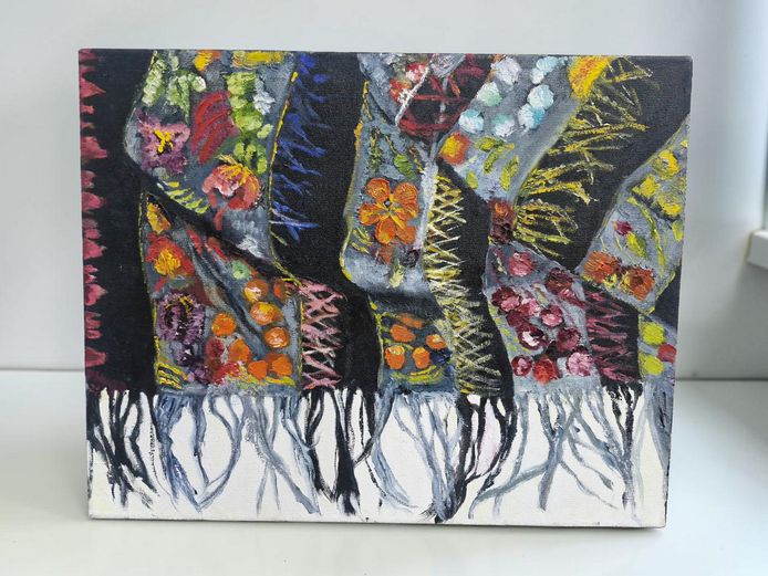 Original Oil on Canvas by Pauline Hugo – "Textured Shawls & Fringe"