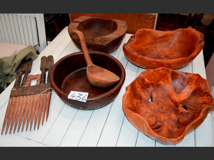 LARGE WOODEN BOWLS, OVERSIZED LADLE, etc
