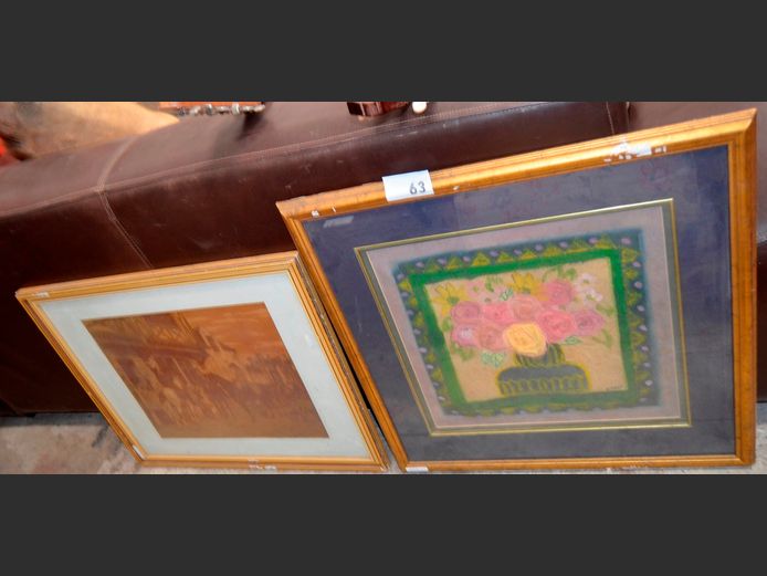 FRAMED VINTAGE PRINT "MEN ON HORSEBACK", 45 x 36cm, & A FRAMED UNUSUAL FABRIC ARTWORK "FLOWERS", 38 x 36cm [4,67]