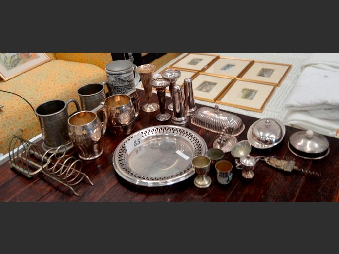 SILVER PLATE PIERCED BOWL, SILVER PLATE BEER MUGS, PEWTER BEER MUGS, etc