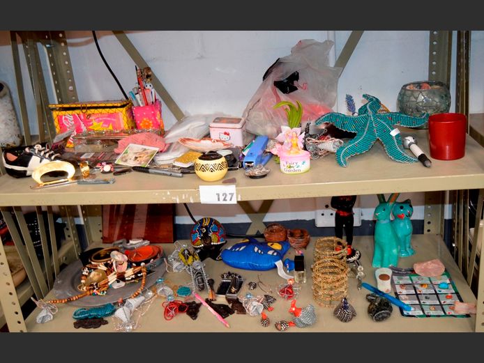 LOT ON 2 SHELVES: PEWTER PLATE, ORNAMENTS, WALLETS, etc