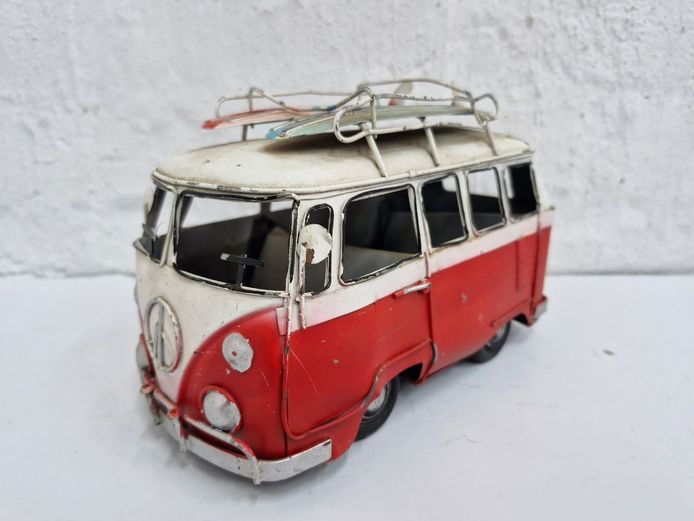Vintage-Style Metal Tin Camper Van Model with Surfboards