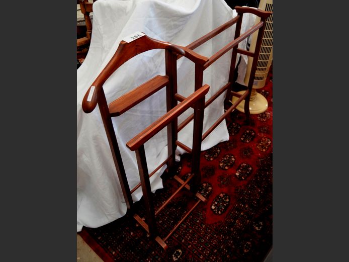 MAHOGANY DUMB VALET & A TEAK TOWEL STAND, 44 x 34 x 97cm & 63 x 21 x 82cm