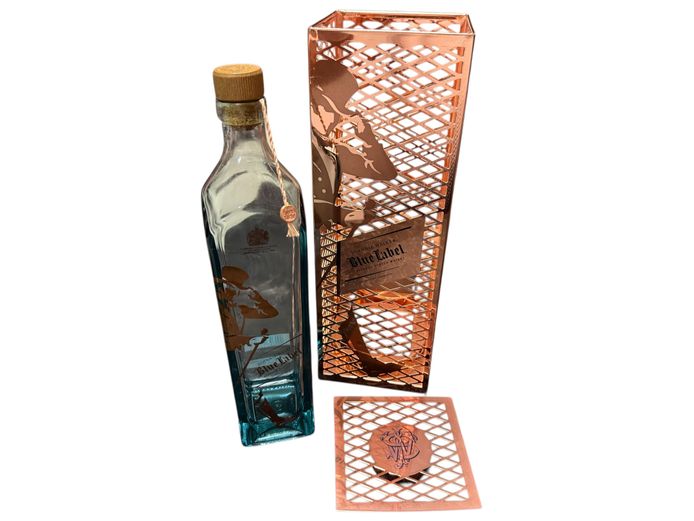 Johnnie Walker Blue Label Display Cage Designed by Tom Dixon with Empty Blue Label Bottle 