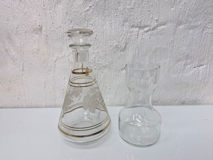 Glass Liquor Decanter with Gold Detail & Small Clear Glass Carafe