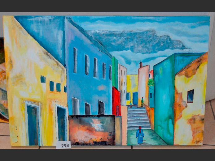 UNFRAMED OIL ON CANVAS "DISTRICT SIX" SIGNED THOMAS, 91 x 60.5cm
