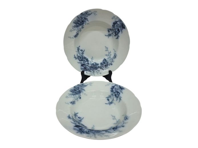 Antique Johnson Brothers "Paris" Pattern Blue Flow Semi-Royal Porcelain Soup Plates