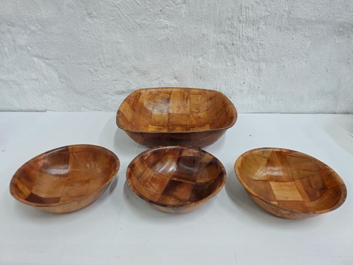 Vintage Wooden Parquetry Salad Bowl & Matching Smaller Bowls Set 
