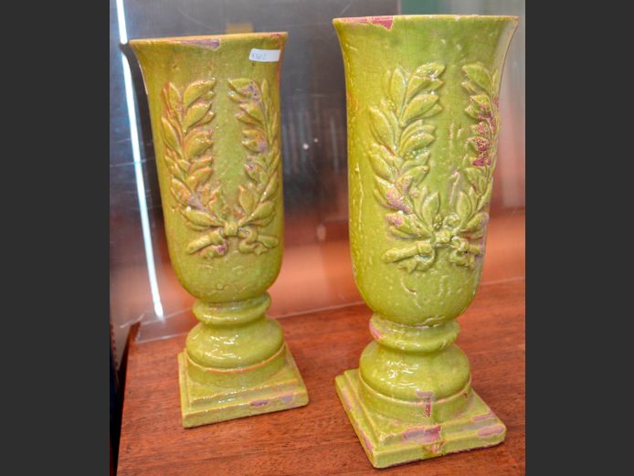PAIR GREEN GLAZED VASES, 16cm Diameter x 40cm High
