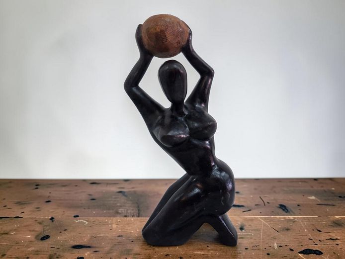 Vintage Abstract Carved Ebony-Finish Wood Sculpture of a Kneeling Woman
