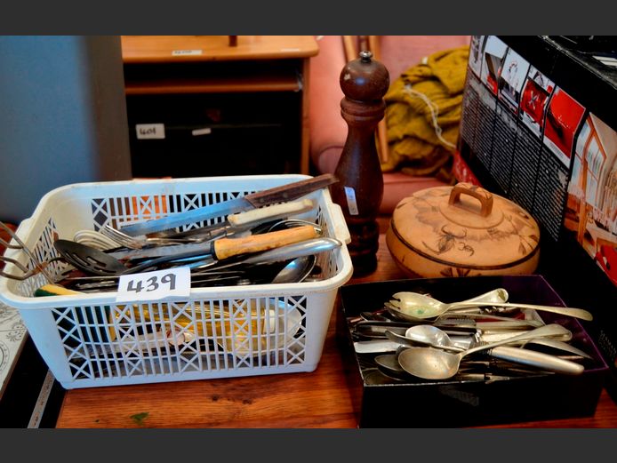 ASSORTED CUTLERY, WOODEN BOWL, etc