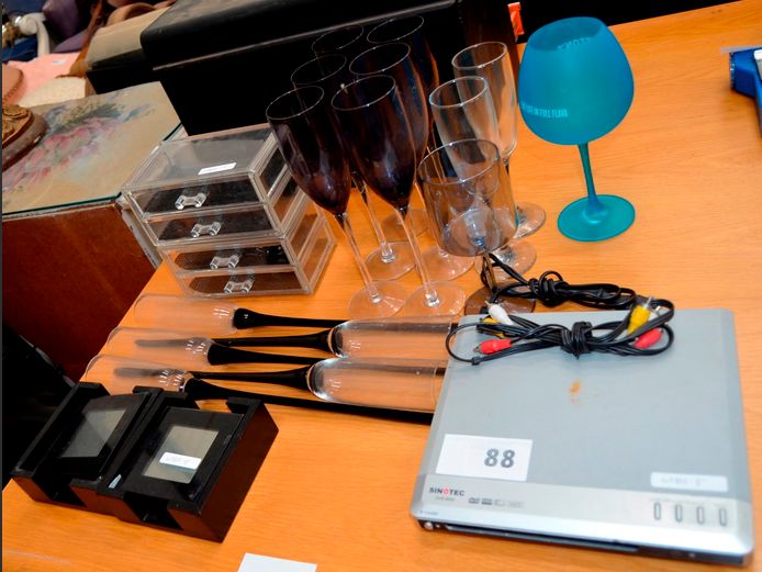 SINOTEC DVD PLAYER [Switches on, untested further], CHAMPAGNE FLUTES, etc