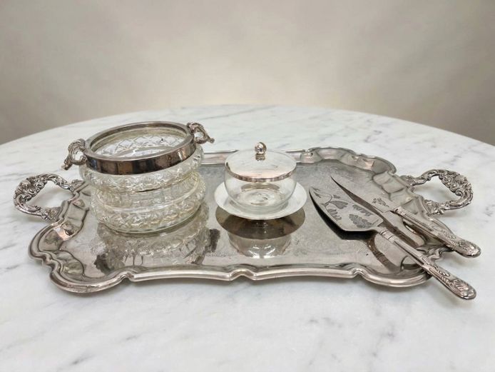 Edwardian Silver-Plated and Cut Glass Serving Ware with Ornate Footed Tray
