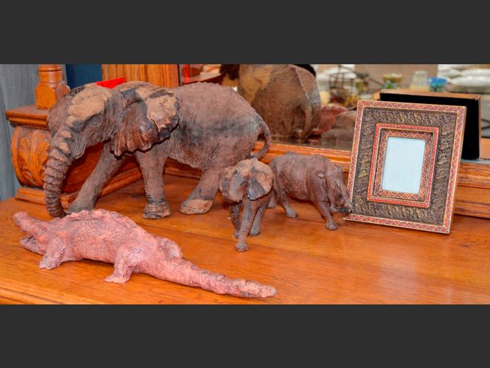 CARVED ELEPHANT & RHINO, PICTURE FRAME, etc
