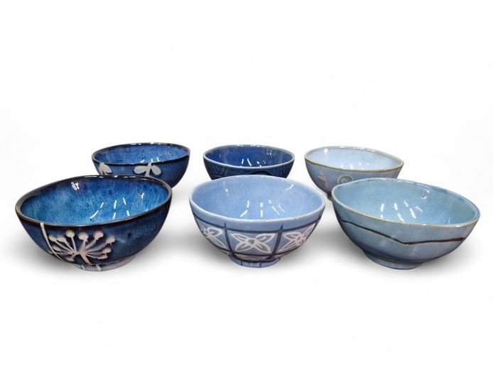 Set of Six Ceramic Bowls in Blue Glazed Hues