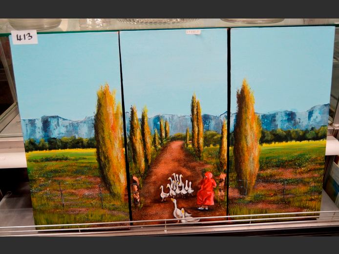 TRIPTYCH UNFRAMED OILS ON CANVAS "FARM SCENE", 92 x 61cm