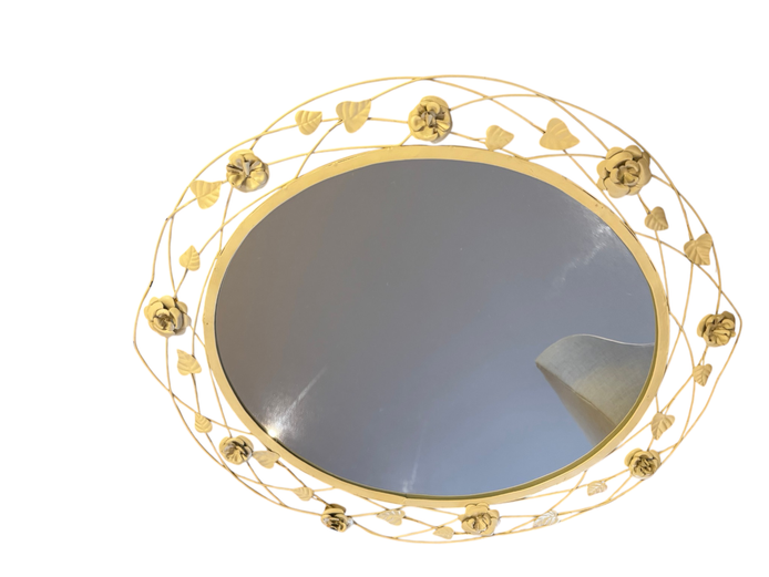 Vintage Cream Floral Wrought Iron Oval Wall Mirror