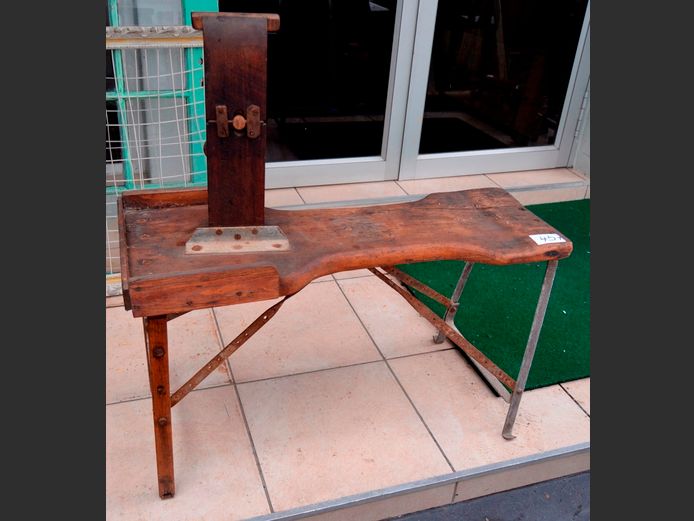 ANTIQUE YELLOWWOOD & METAL SADDLE/HARNESS BENCH, 95 x 37 x 95cm