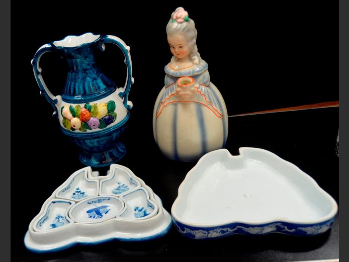 HAND PAINTED "LADY", COFFEE POT & VINTAGE ASIAN BLUE & WHITE MOTH SHAPED SWEET MEAT DISH, etc