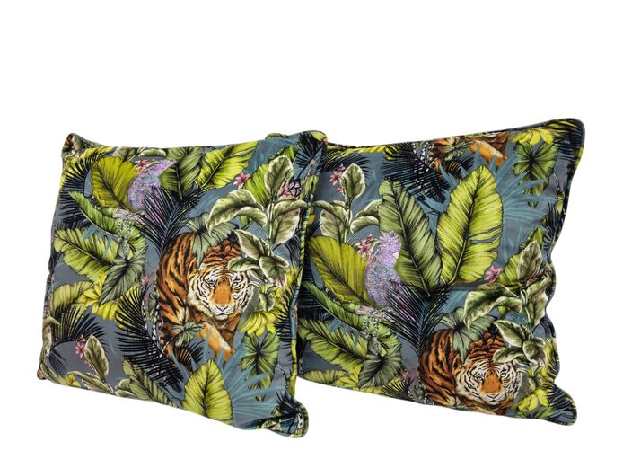 Pair of Large Exotic Jungle & Tiger Botanical Velvet Scatter Cushions
