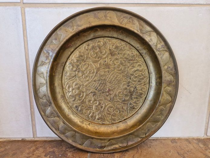 Antique Hand-Chased Brass Wall Platter