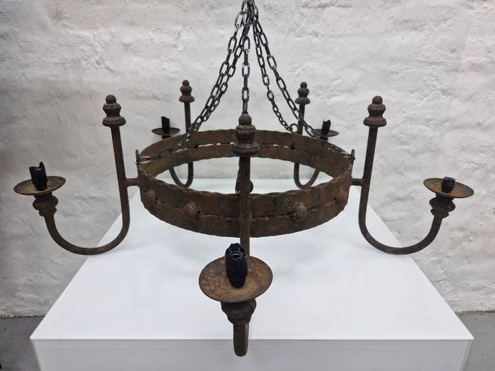 Mid-Century Gothic Revival Forged Iron 6-Light Chandelier