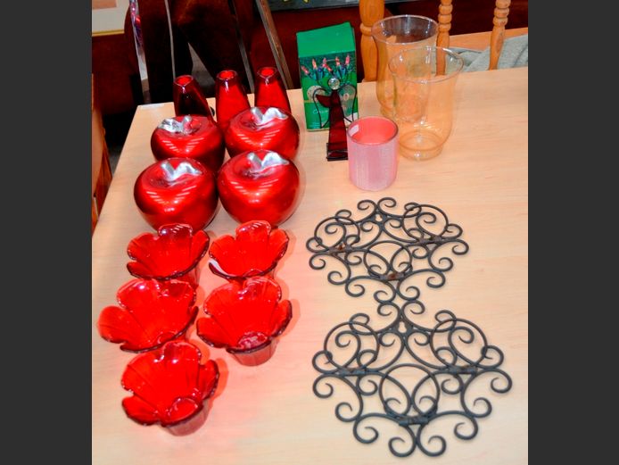 PAIR METAL WALL MOUNT CANDLE HOLDERS, RED GLASS CANDLE HOLDERS, CHRISTMAS LIGHTS, etc