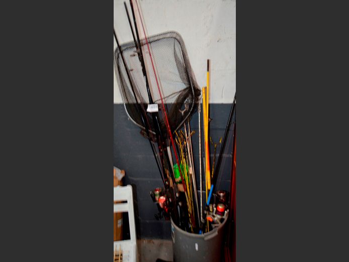 ASSORTED FISHING RODS WITH REELS, FISHING NET, etc