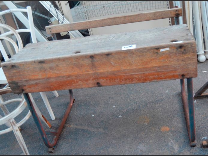 VINTAGE OAK & METAL 2-SEATER SCHOOL DESK, 107 x 74 x 78cm