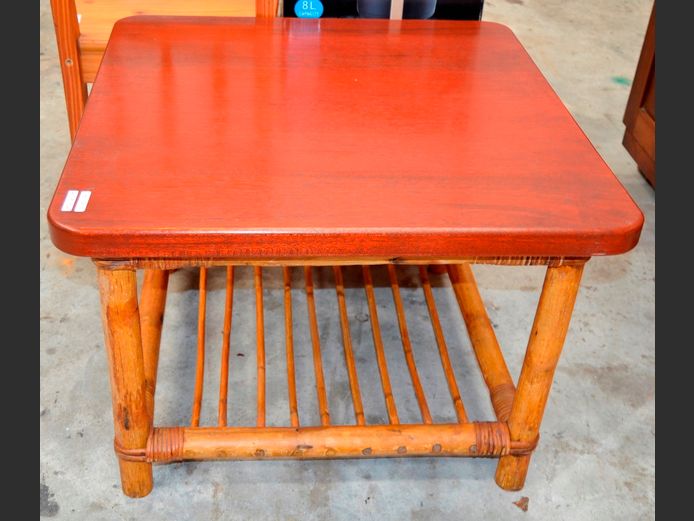 CANE & RED STAINED TEAK COFFEE TABLE, 70 x 70 x 51cm