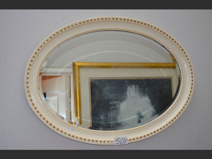 CREAM FRAMED & BEVELLED OVAL MIRROR, 88 x 62cm