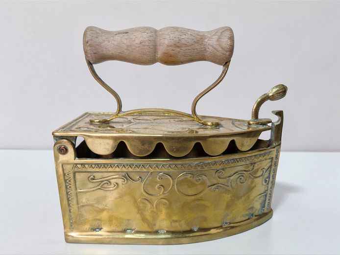 Antique Ornate Brass Coal Iron with Turned Wooden Handle