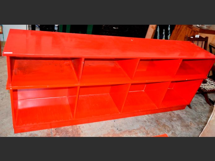 RED PAINTED PIGEON HOLE SHELF, 202 x 45 x 81cm
