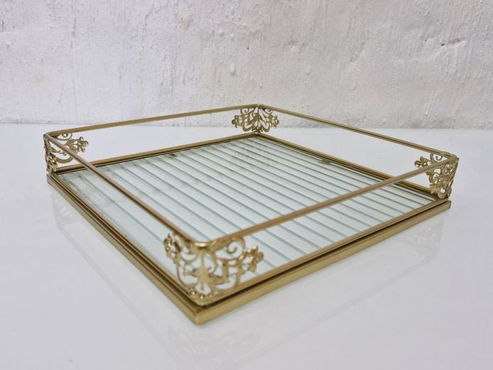 Vintage Gold-Tone Filigree Glass Vanity Tray