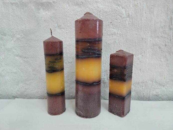 Set of 3 Rustic Layered Earthy Pillar Candles
