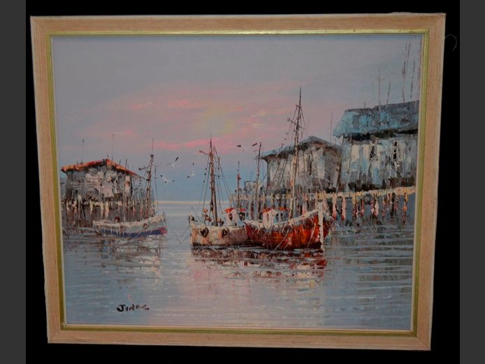 FRAMED OIL ON BOARD "FISHING BOATS AT THE DOCKS" SIGNED JONES, 59 x 49cm