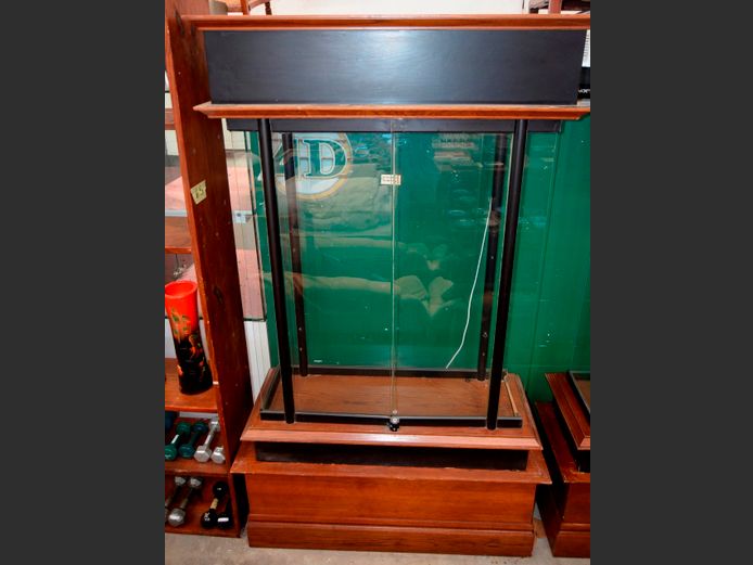 OAK & GLASS 2 DOOR DISPLAY CABINET- 120 x 45 x 211cm [2x glass side panels needed, shelves needed, doors open, no keys]