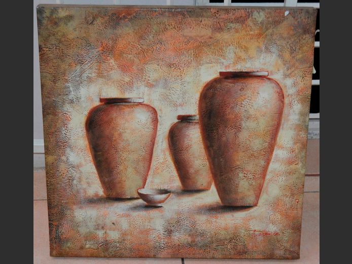 UNFRAMED OIL ON CANVAS "VASES" & FRAMED CHARCOAL "SHOES", 101 x 65cm