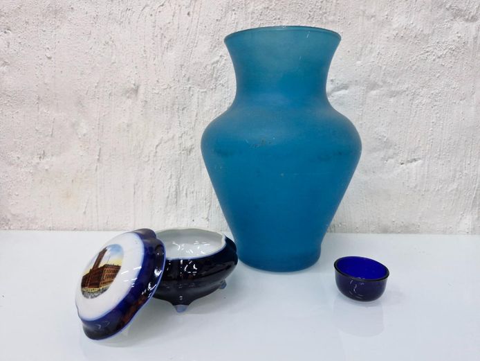 Vintage Blue Glass & Porcelain Decor Lot: Frosted Blue Vase, Trinket Box, Cobalt Cup