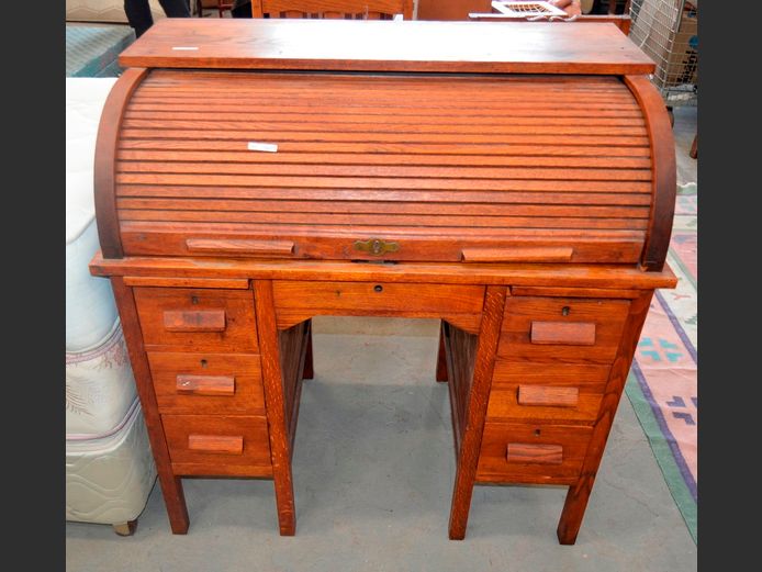 OAK 6-DRAWER ROLL TOP WRITING BUREAU, 95 x 58 x 99cm