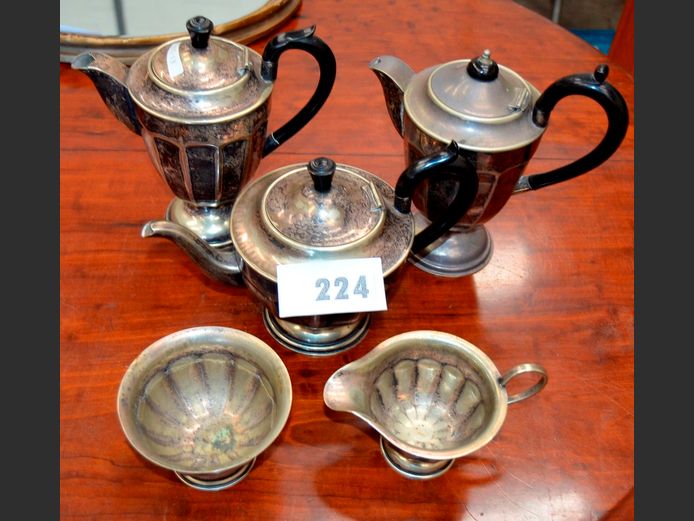 SILVER PLATE 8-PIECE TEA SET: TEA & COFFEE POTS, CREAMER & SUGAR BOWL