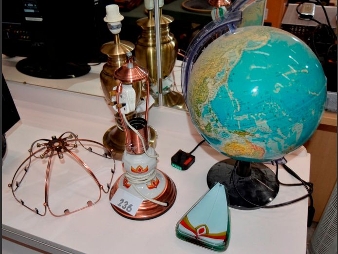 BRUSHED METAL & CERAMIC LAMPS & A WORLD GLOBE, 38cm High, 35cm High & 40cm High