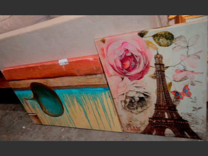 FRAMED PRINT ON CANVAS "PARIS", 70 x 50cm, & AN UNFRAMED MIXED MEDIA ON CANVAS "VASE", 90 x 60cm