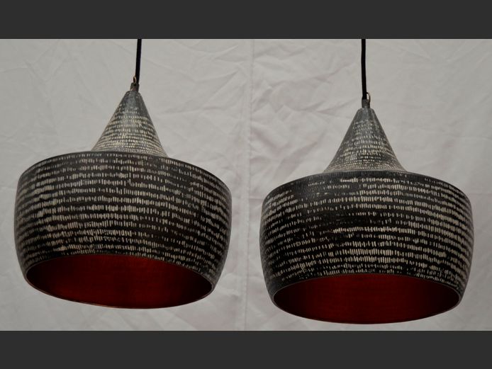 PAIR INDIAN BLACK & WHITE HAND CHIPPED LAMPS, 28cm Diameter x 33cm High