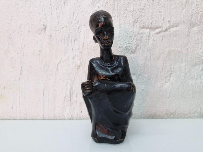 African Tribal Art Dark Wood Carving – Seated Male Figure Statue