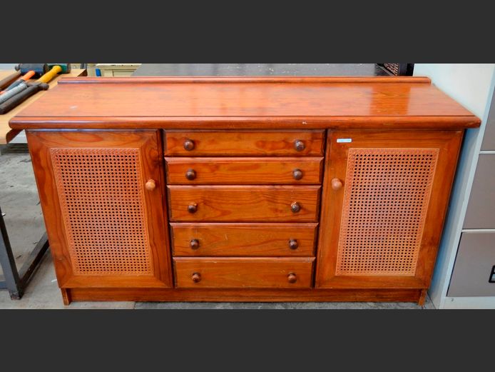 PINE & RATTAN 2-DOOR, 5-DRAWER SIDEBOARD, 150 x 42 x 83cm