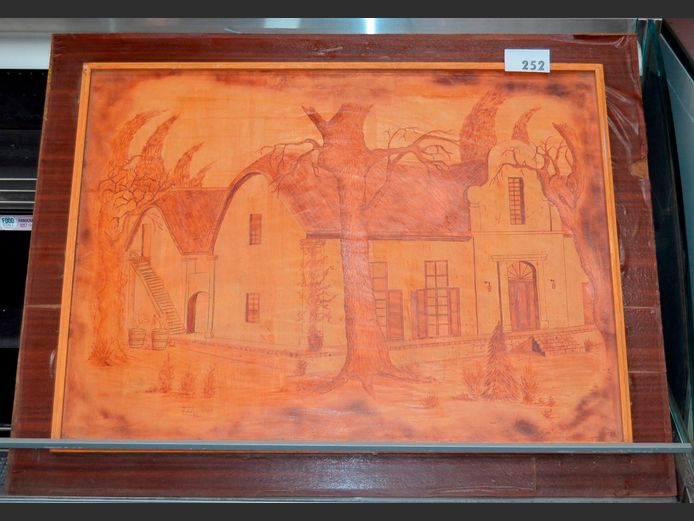 FRAMED WOODCUT "FARM HOUSE", 78 x 57.5cm