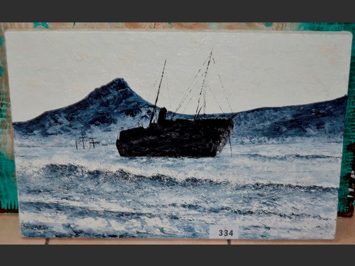 UNFRAMED OIL ON CANVAS "SHIP AT SEA", SIGNED STEWART, 76 x 51cm
