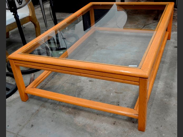OAK GLASS TOP COFFEE TABLE, 150 x 100 x 43cm [Needs TLC, glass needed]