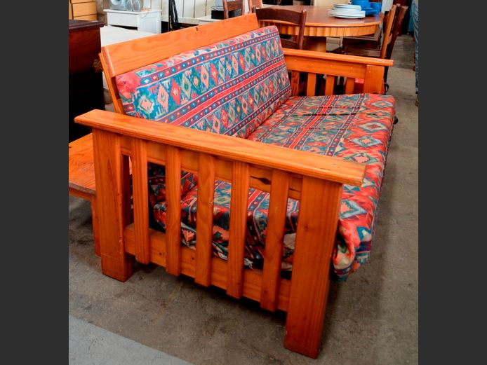 PINE SLEEPER COUCH WITH CUSHIONS, 163 x 90cm [Needs varnish]